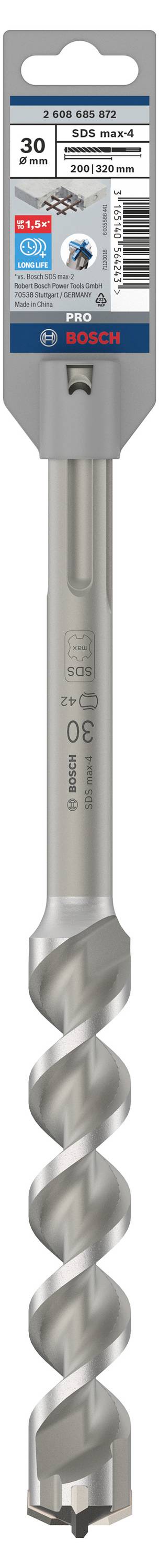 'SDS-max' Bohrer mit 30 mm Durchmesser, geeignet für Beton und Mauerwerk. Verpackung zeigt Produktspezifikationen und Markenlogo.