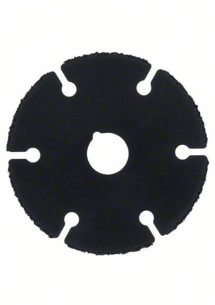 Eine schwarze, kreisförmige Schleifscheibe mit sechs Kerben, in der Mitte gelöchert, auf einem weißen Hintergrund.