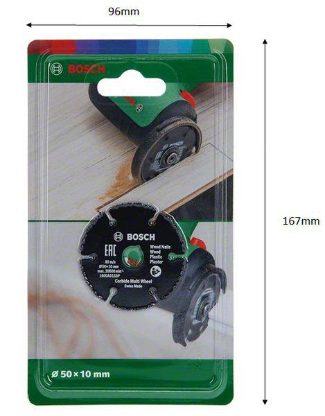 Verpackung einer Kreissägeklinge von Bosch mit den Maßen 96 mm x 167 mm. Aufschrift: 'Carbide Multi Wheel, 50 x 10 mm'.