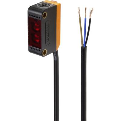 Ein rechteckiger Sensor mit roten Linsen und drei herausragenden Kabeln.