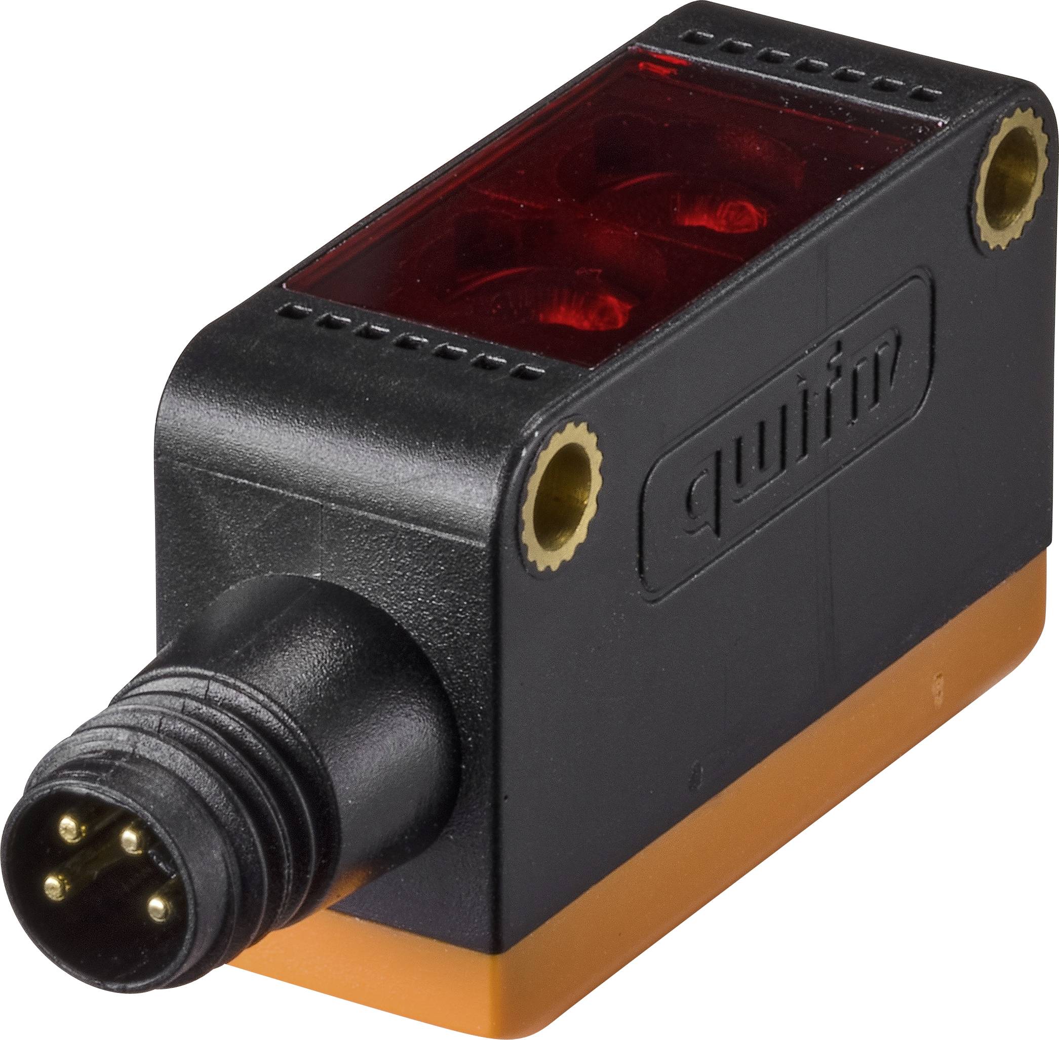 Rechteckiger Sensor mit schwarzem Gehäuse und orangefarbenem Streifen, zwei goldene Befestigungslöcher und einem 4-poligen Anschluss.