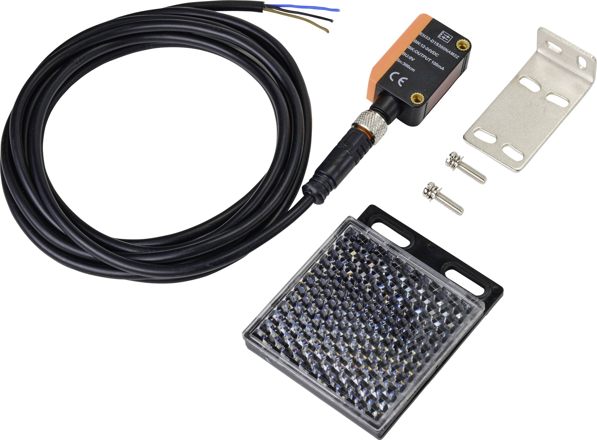 Sensor mit langem Kabel, Reflektor, Montageschiene und Schrauben. Geeignet für Maschinenbauanwendungen und industrielle Automatisierung.
