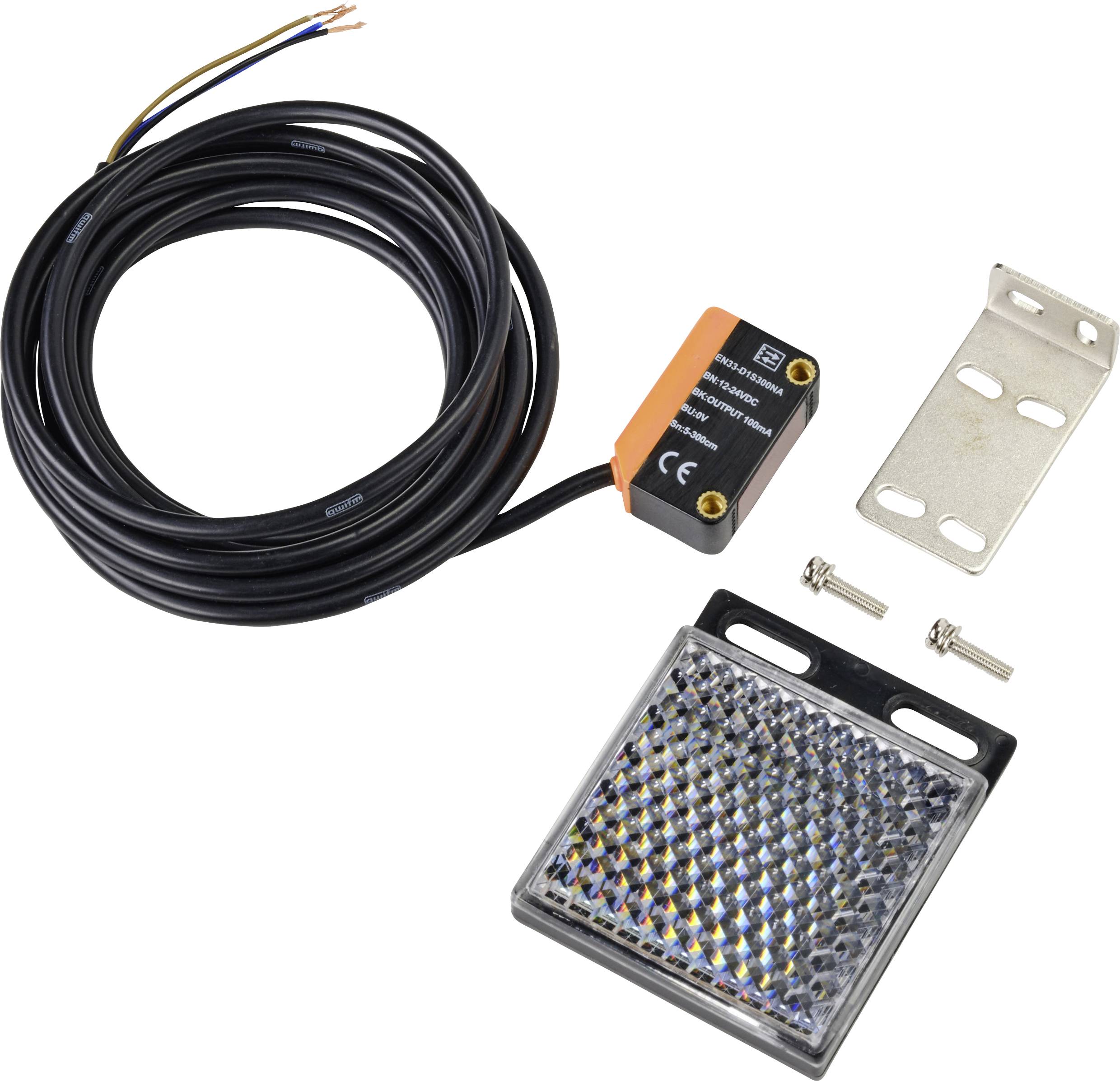 Lichtschranke-Set mit Reflektor, Kabel, Halterung und Schrauben. Dient zur optischen Erkennung und ist in industriellen Anwendungen einsetzbar.