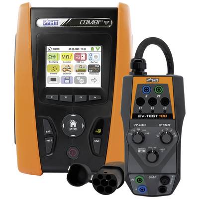 Kombination aus einem elektrischen Prüfgerät mit Display und einem angeschlossenen Handgerät zur Überprüfung von Elektrofahrzeugen.