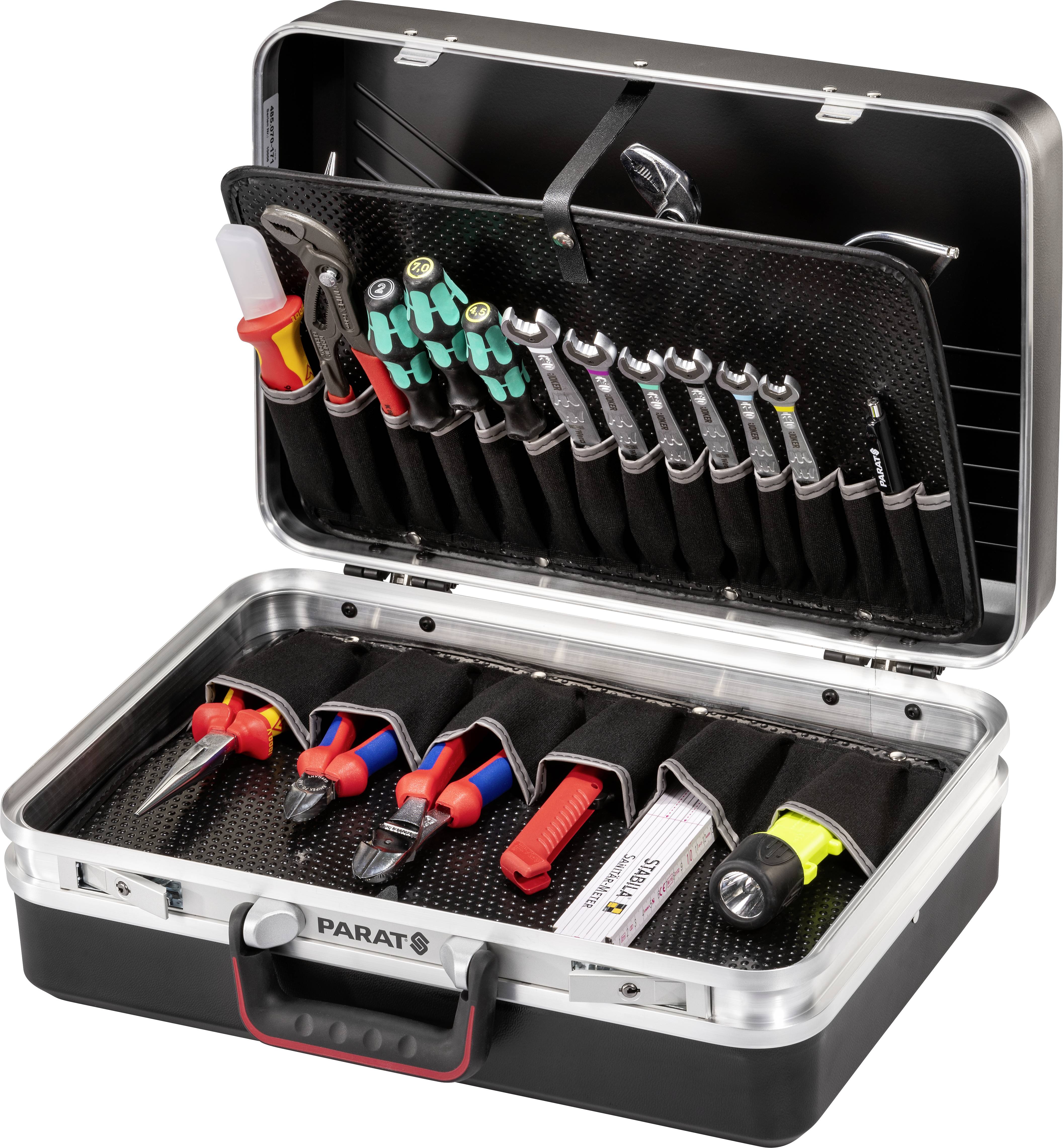 Ein offener Werkzeugkoffer mit verschiedenen Handwerkzeugen wie Zangen, Schraubendrehern und einem Maßband, ordentlich sortiert.