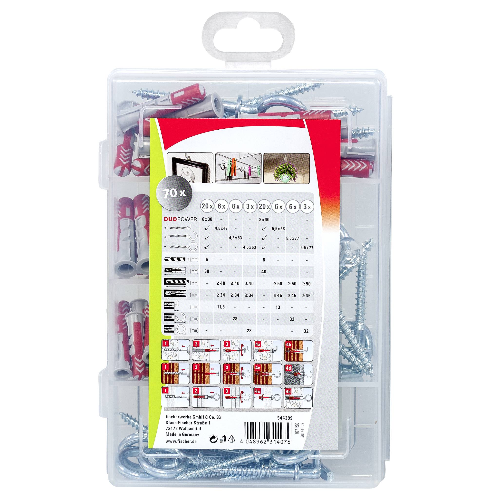 Eine geöffnete Plastikbox mit verschiedenen Schrauben, Ringschrauben und Dübeln.