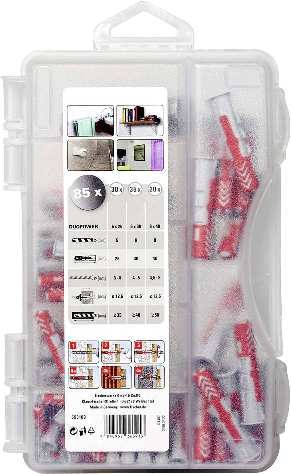 Transparente Box mit 85 roten und grauen Dübeln, Tabelle zeigt Größen. Diagramme für Anwendungen an Wänden.