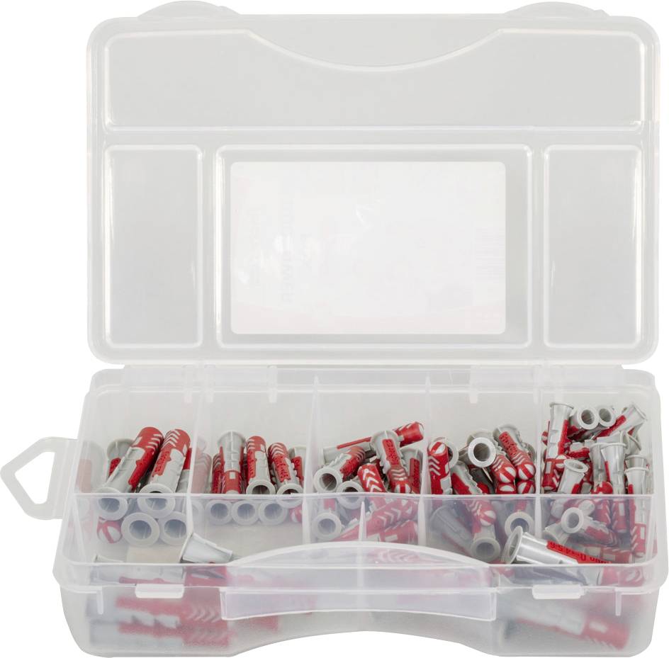 Eine offene Plastikbox mit verschiedenen roten und grauen Dübeln in mehreren Fächern für die Aufbewahrung und Organisation.