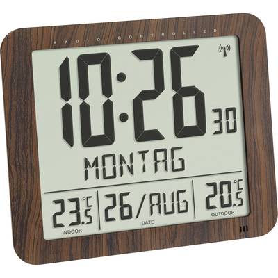 Digitale Wanduhr mit Holzoptik zeigt 10:26, Montag, 26. August. Innentemperatur 23,5°C, Außentemperatur 20,5°C.