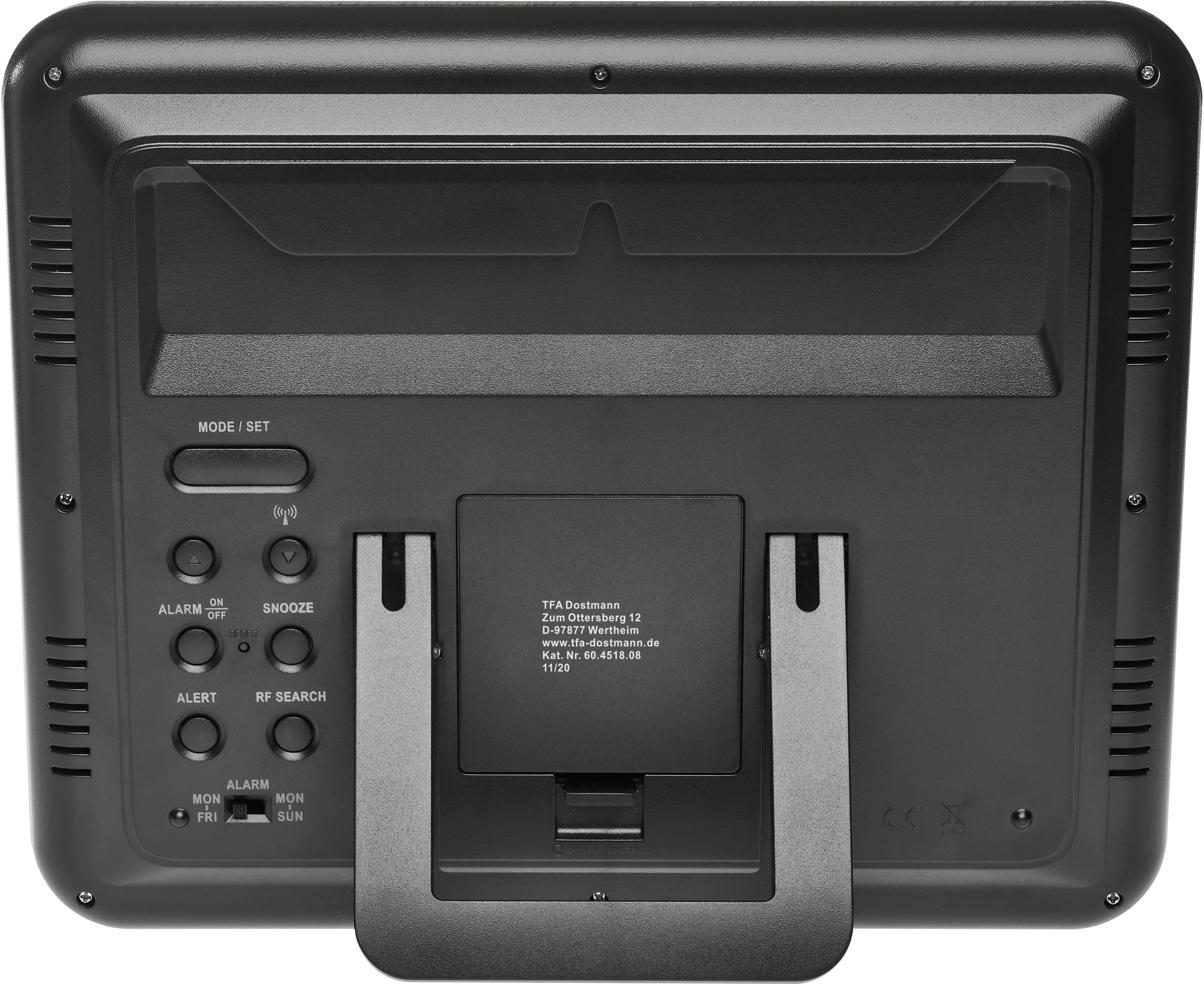 Rückansicht eines digitalen Geräts mit Ständer, Tasten für Alarm, Schlummer, Suche und Kontaktdaten eines Anbieters auf der Rückseite.