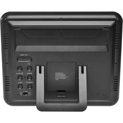 Rückansicht eines digitalen Geräts mit Ständer, Tasten für Alarm, Schlummer, Suche und Kontaktdaten eines Anbieters auf der Rückseite.