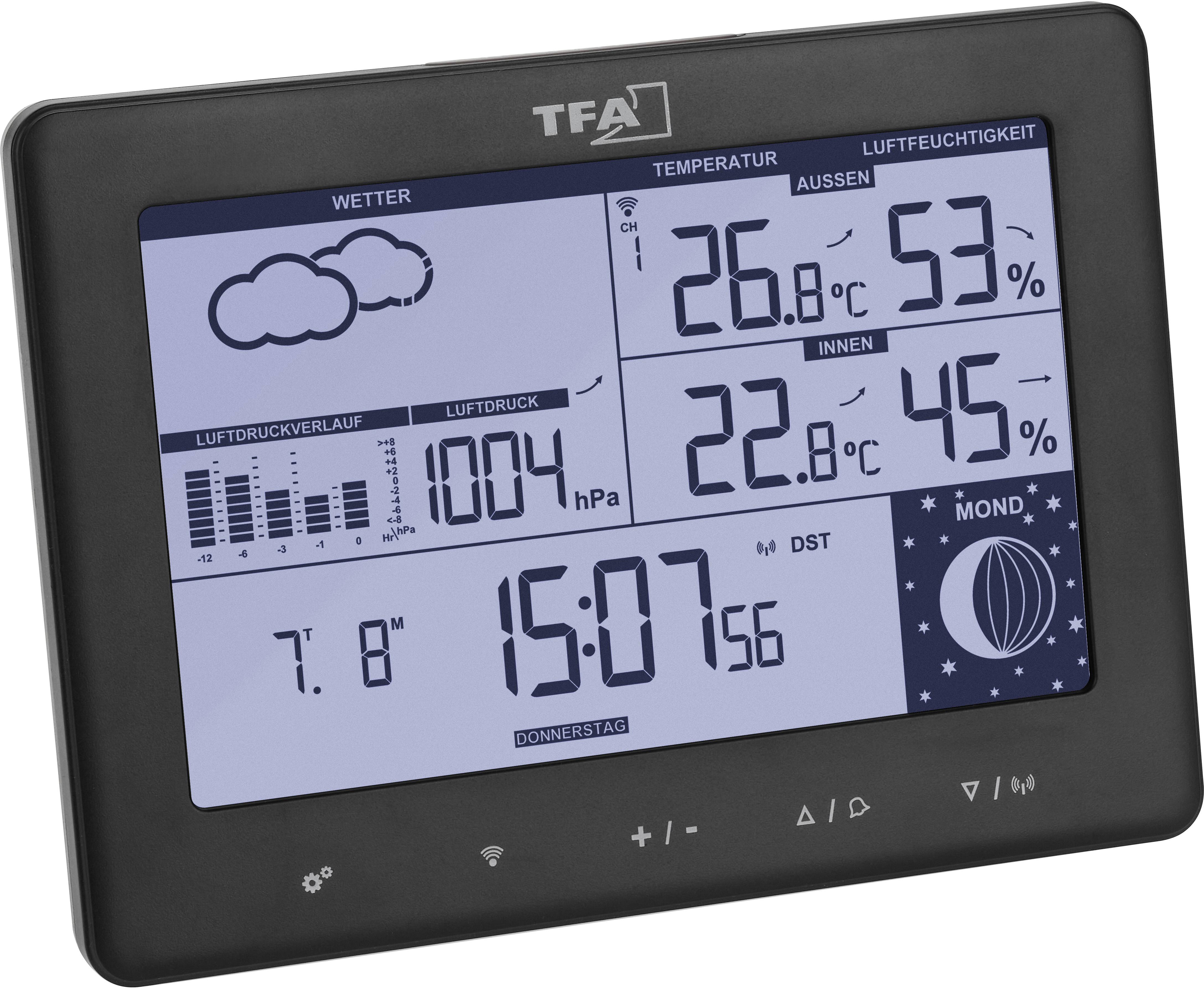 Elektronisches Wetterdisplay zeigt: Wettervorhersage mit Wolken, Außen- und Innentemperatur, Luftdruck, Luftfeuchtigkeit, Uhrzeit, Datum und Mondphase.