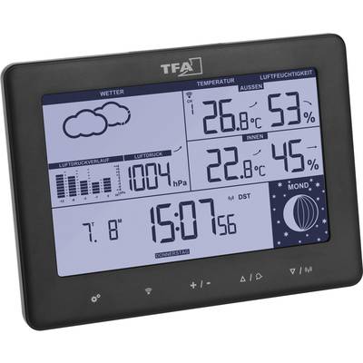 Elektronisches Wetterdisplay zeigt: Wettervorhersage mit Wolken, Außen- und Innentemperatur, Luftdruck, Luftfeuchtigkeit, Uhrzeit, Datum und Mondphase.