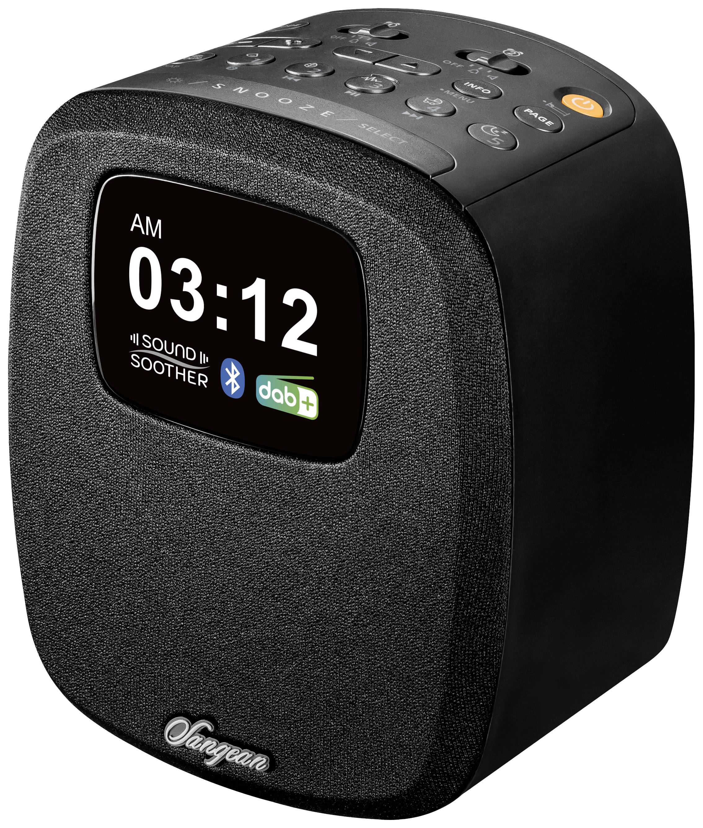 Ein schwarzer Wecker zeigt 03:12 an. Der Bildschirm bietet Funktionen wie 'Sound Soother', Bluetooth und DAB+. Tasten sind oben.