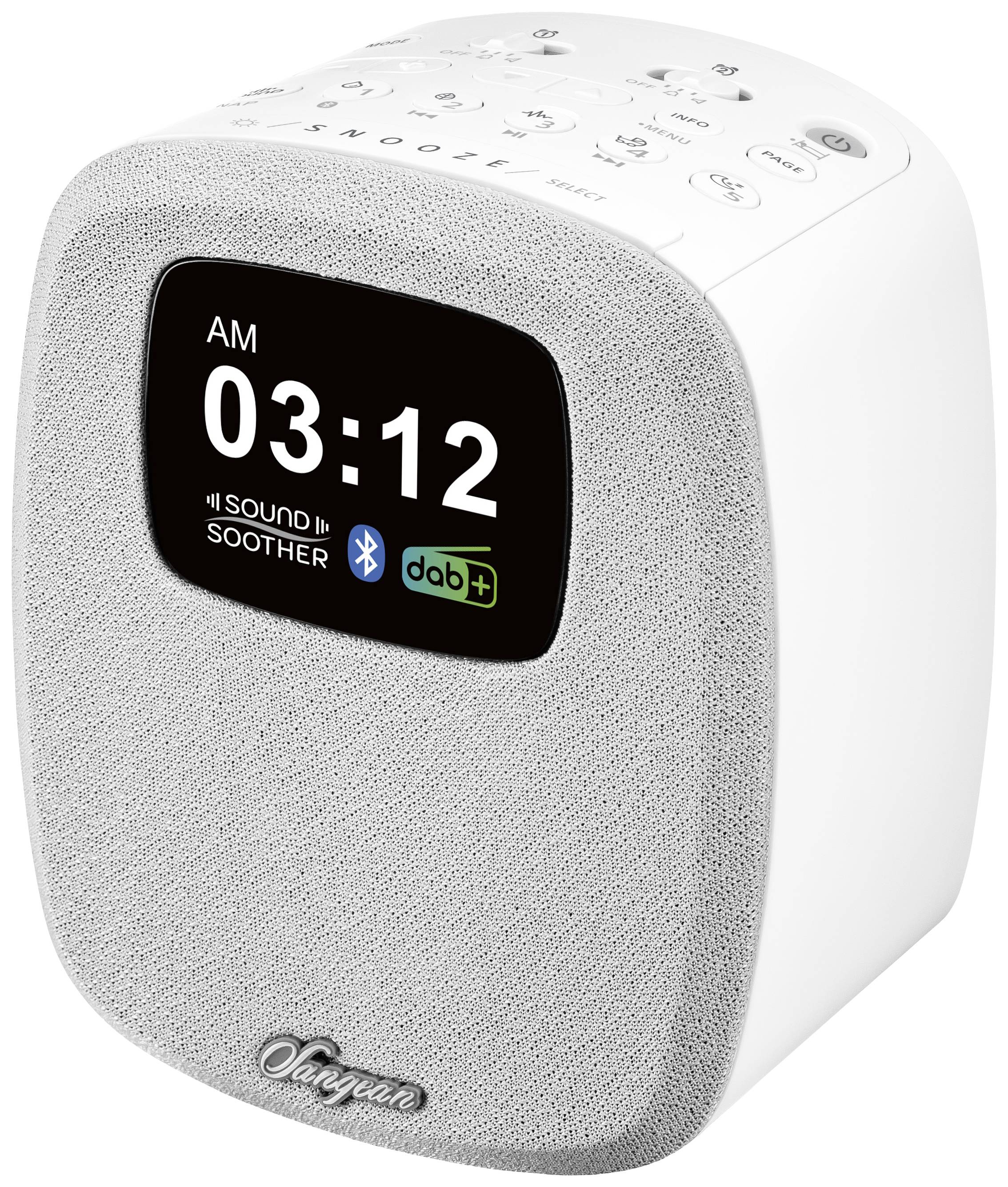 Ein digitaler Wecker mit Stoffbespannung zeigt '03:12 AM' an. Funktionen: Bluetooth, DAB+, Sound Soother, Tasten oben.