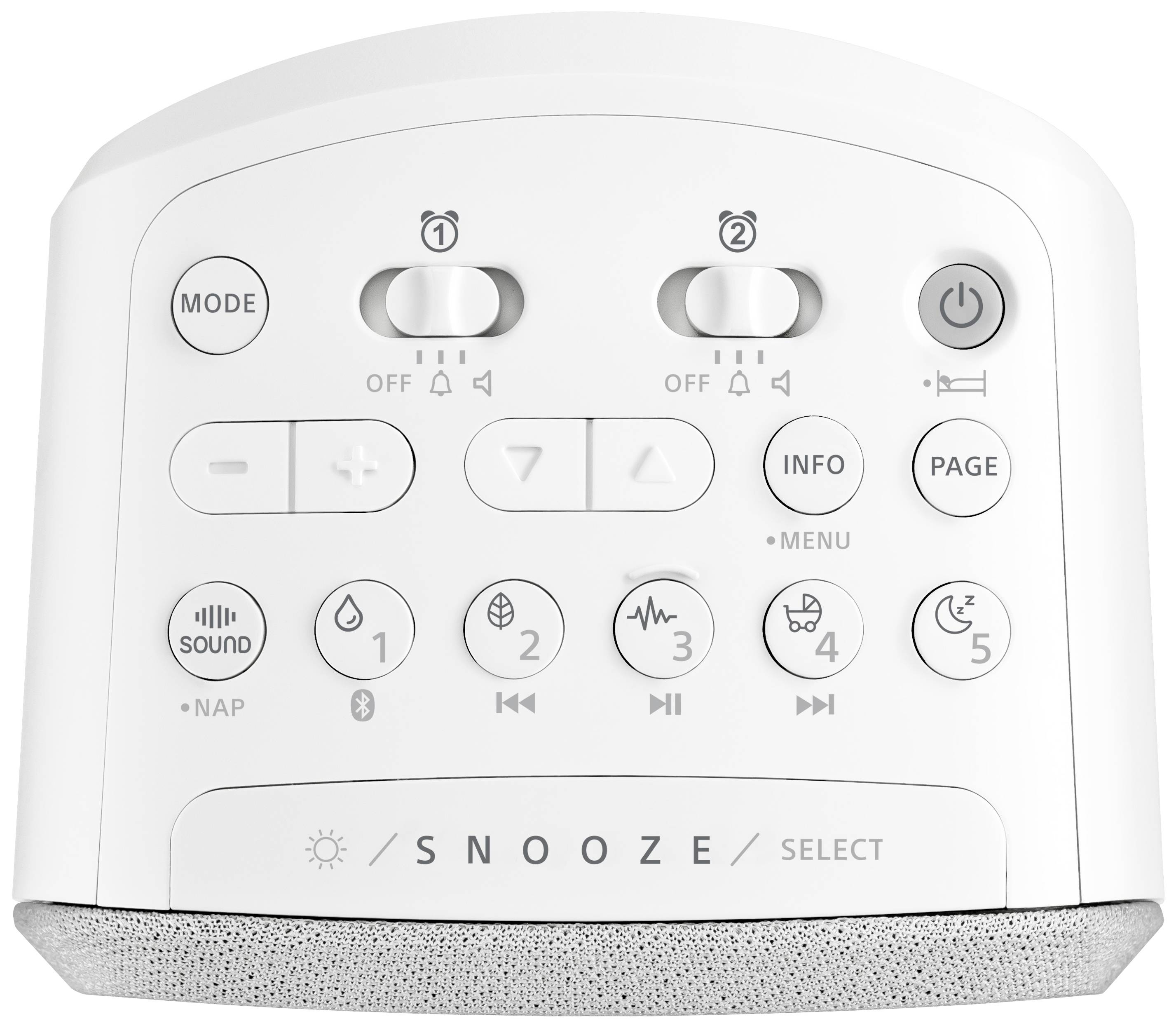 Ein weißer Wecker mit Tasten für 'Snooze', Lautstärke, Alarmmodus und Soundauswahl. Zeigt Bedienknöpfe und Symbole deutlich.