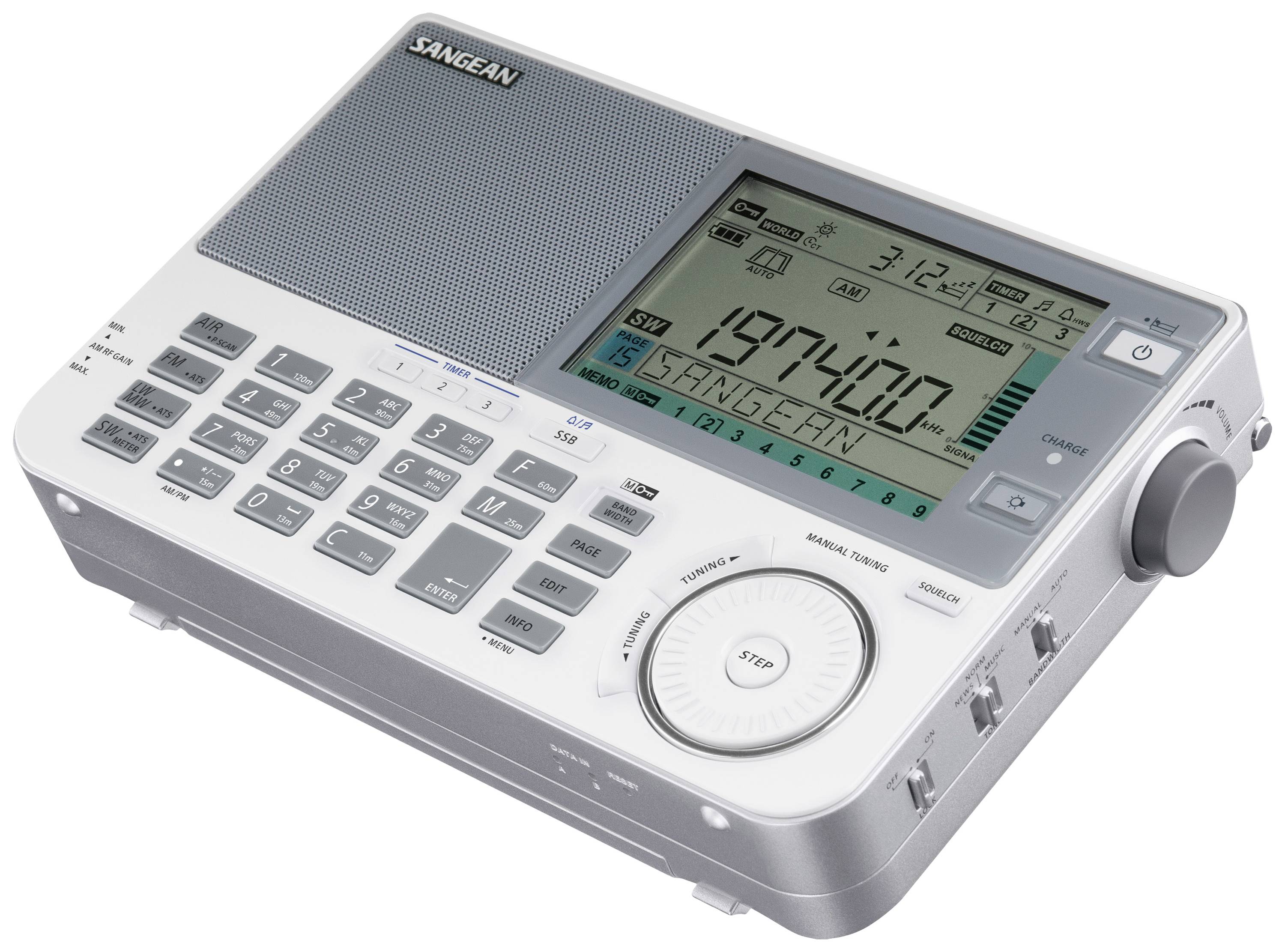 Ein tragbares Radio mit digitaler Anzeige zeigt die Frequenz 19740 kHz an. Es verfügt über Tasten und einen großen Lautstärkeregler.