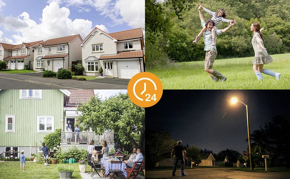 'Vier Fotos: Oben links, eine Reihe von Einfamilienhäusern; oben rechts, eine Familie spielt fröhlich im Freien; unten links, Menschen auf einer Terrasse bei einem Fest; unten rechts, eine nächtliche Straßenlaterne.'