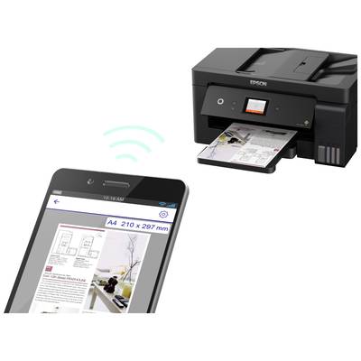 Ein Smartphone sendet ein Druckauftrag an einen Drucker über WLAN. Auf dem Drucker liegt ein A4-Papier mit gedrucktem Text und Bildern.