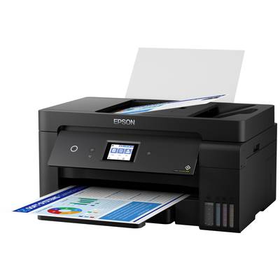 Ein Epson-Drucker, der ein Farbdokument mit Diagrammen und Grafiken druckt. Das Display zeigt Druckeinstellungen an.