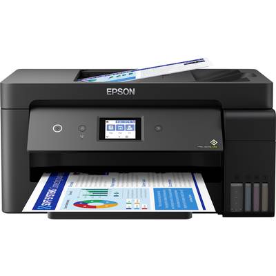Ein Epson-Drucker druckt farbige Diagramme auf einem Blatt Papier. Auf dem Bildschirm sind Druckoptionen sichtbar.