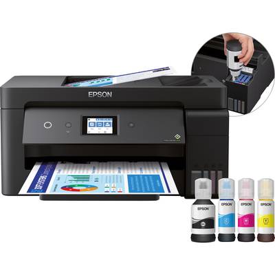 Ein schwarzer Epson-Drucker druckt ein Dokument. Unten sind Tintenflaschen in Schwarz, Cyan, Magenta und Gelb abgebildet.