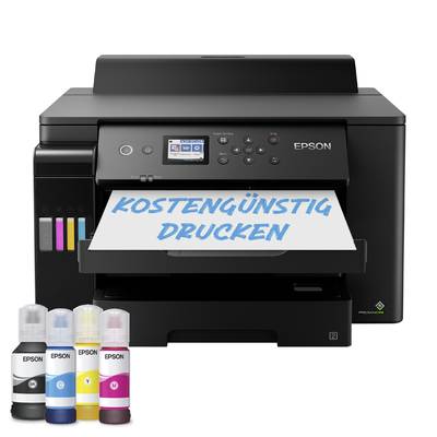 Epson-Drucker mit vier Tintenflaschen davor. Auf einem Blatt steht 'Kostengünstig drucken'.