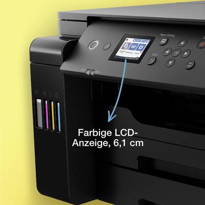 Drucker mit farbigem LCD-Bildschirm, 6,1 cm, und sichtbaren Tintenpatronen an der Seite für Cyan, Magenta, Gelb und Schwarz.