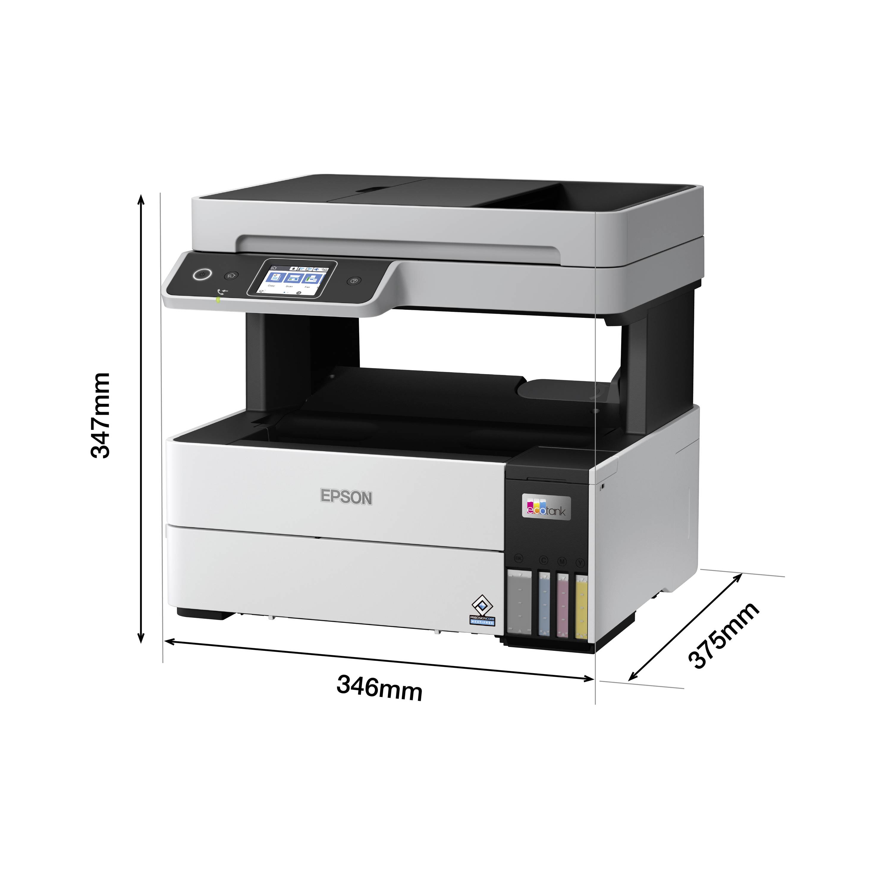 Ein Epson-Drucker mit seitlichem Tintentank und Bedienelementen an der Vorderseite. Maße: 347mm Höhe, 346mm Breite, 375mm Tiefe.