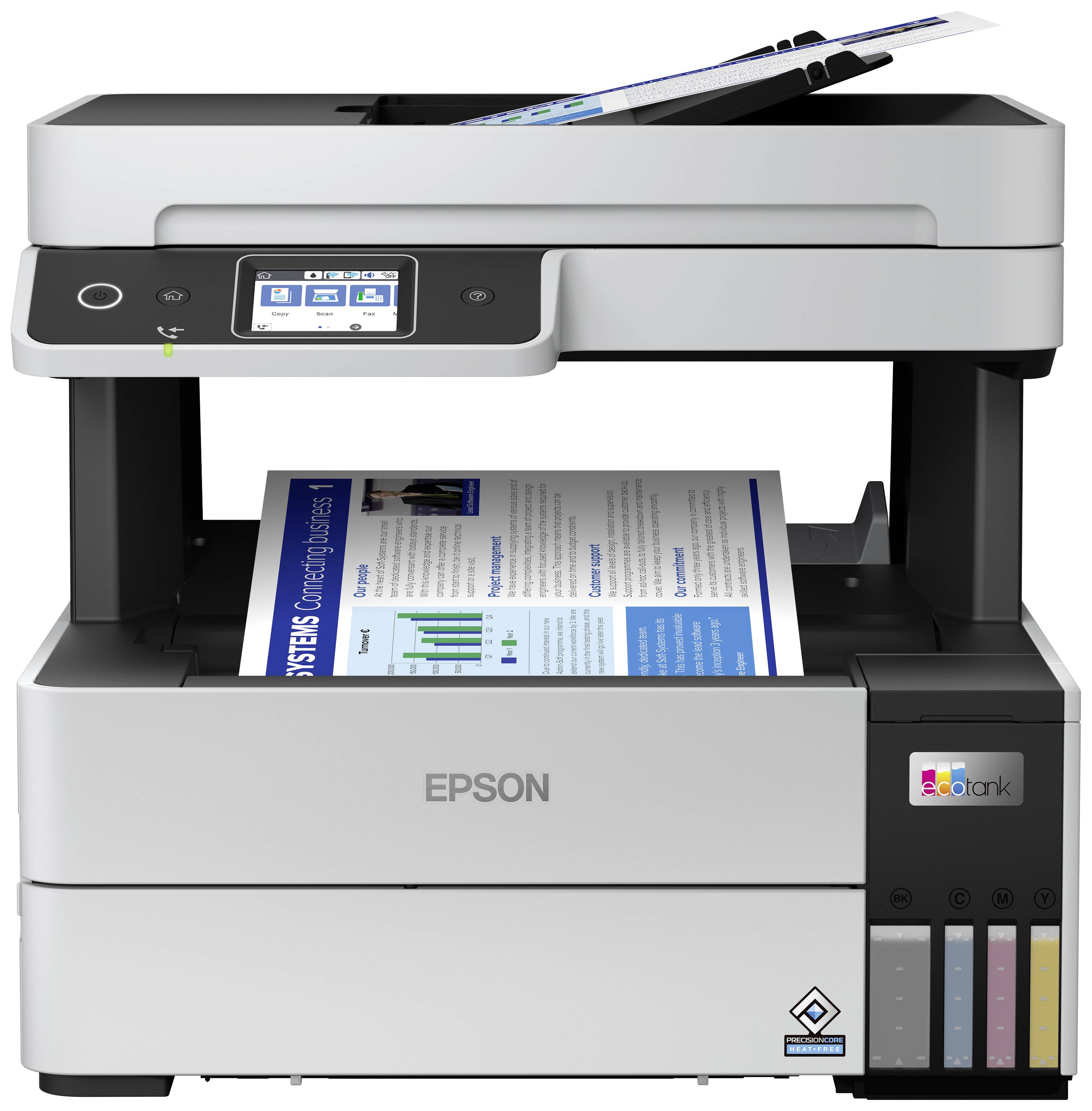 Multifunktionsgerät mit Drucker, Scanner und Kopierer. Dokument wird oben eingescannt; ausgedruckte Seite zeigt Diagramme und Text.