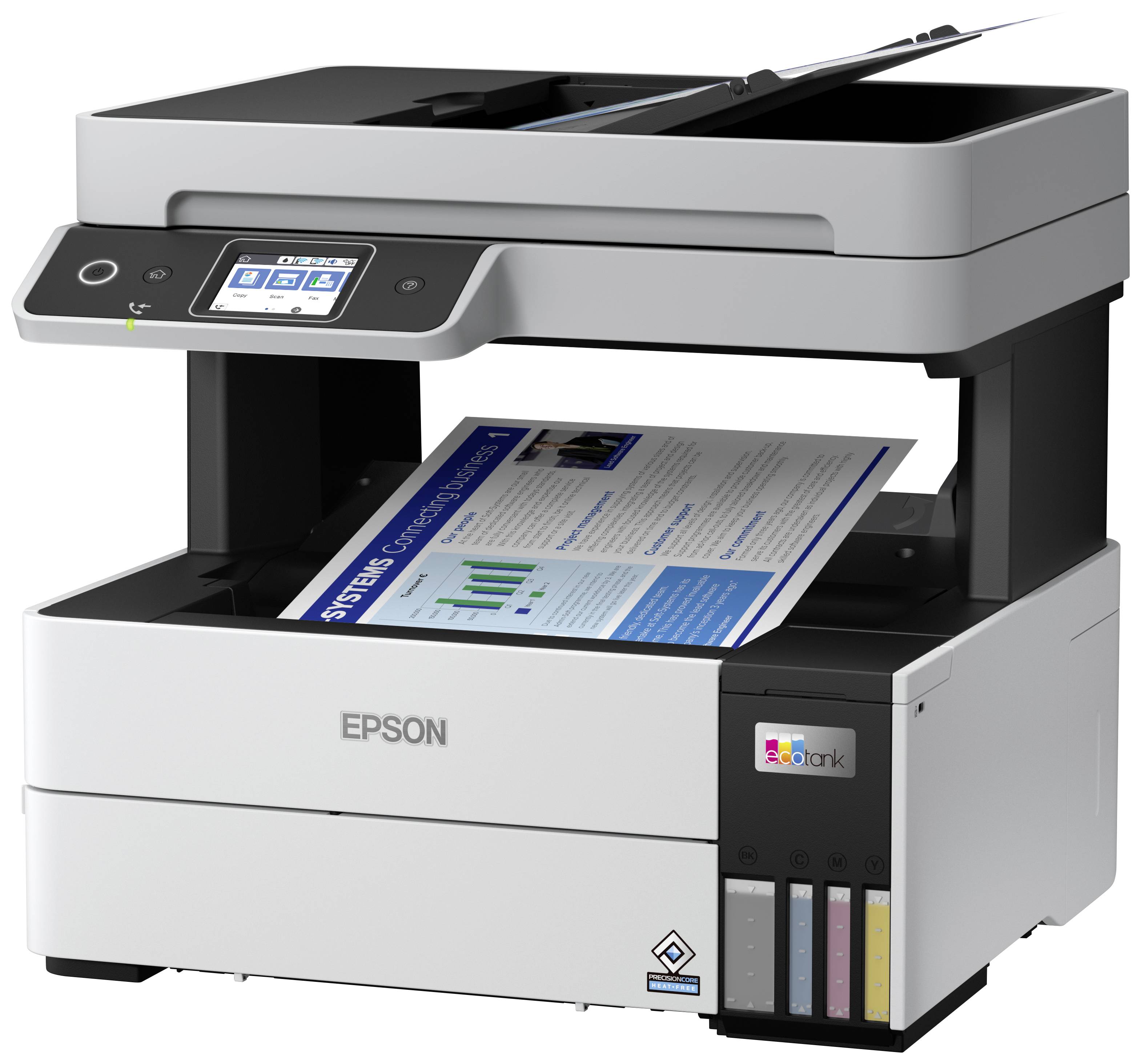 Ein moderner Epson-Drucker druckt ein Dokument. Neben dem Papierauswurf ist die Tintenstands-Anzeige sichtbar.