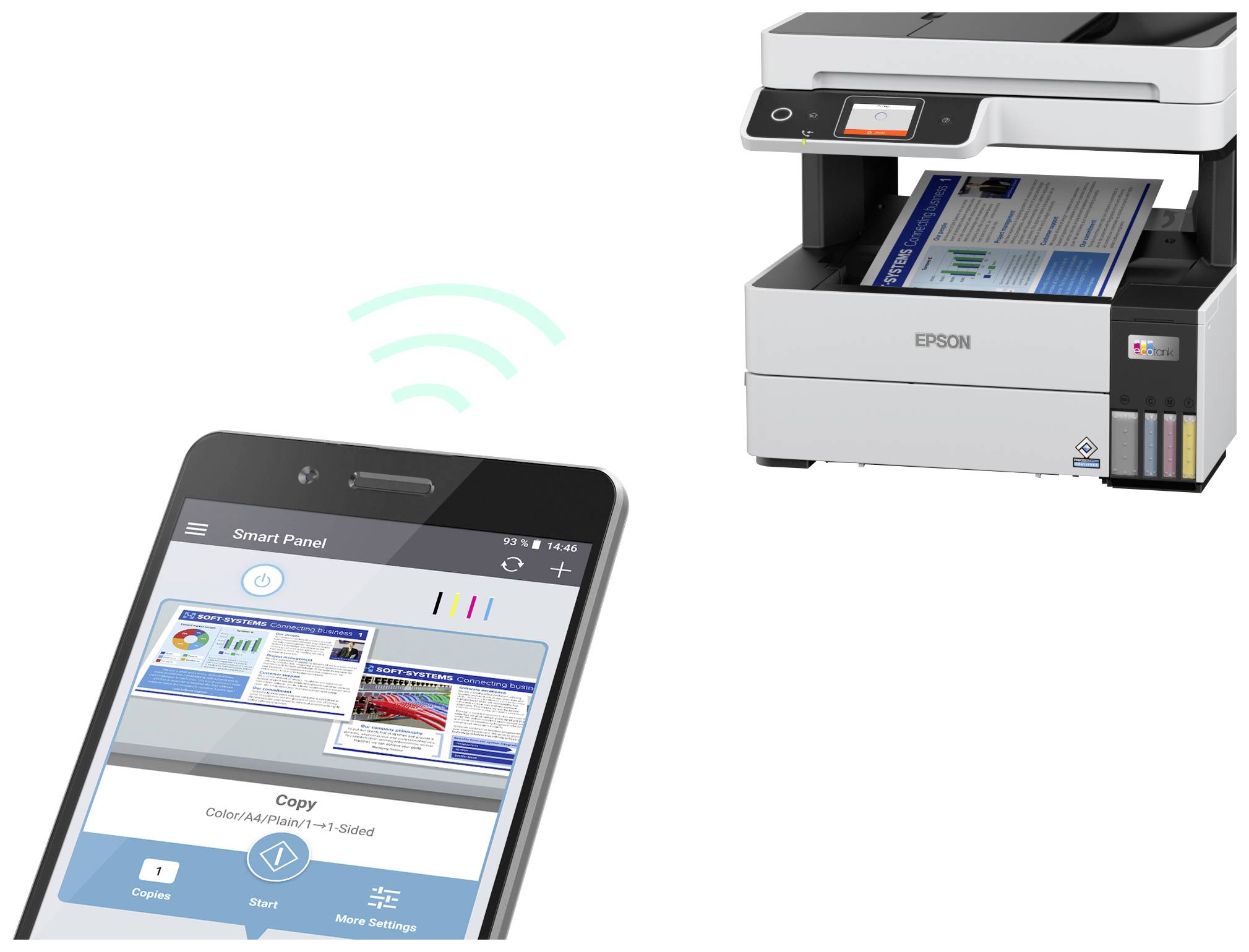 Ein Smartphone zeigt die Epson Smart Panel App, die mit einem Epson Drucker verbunden ist. Der Drucker empfängt kabellos Druckaufträge.