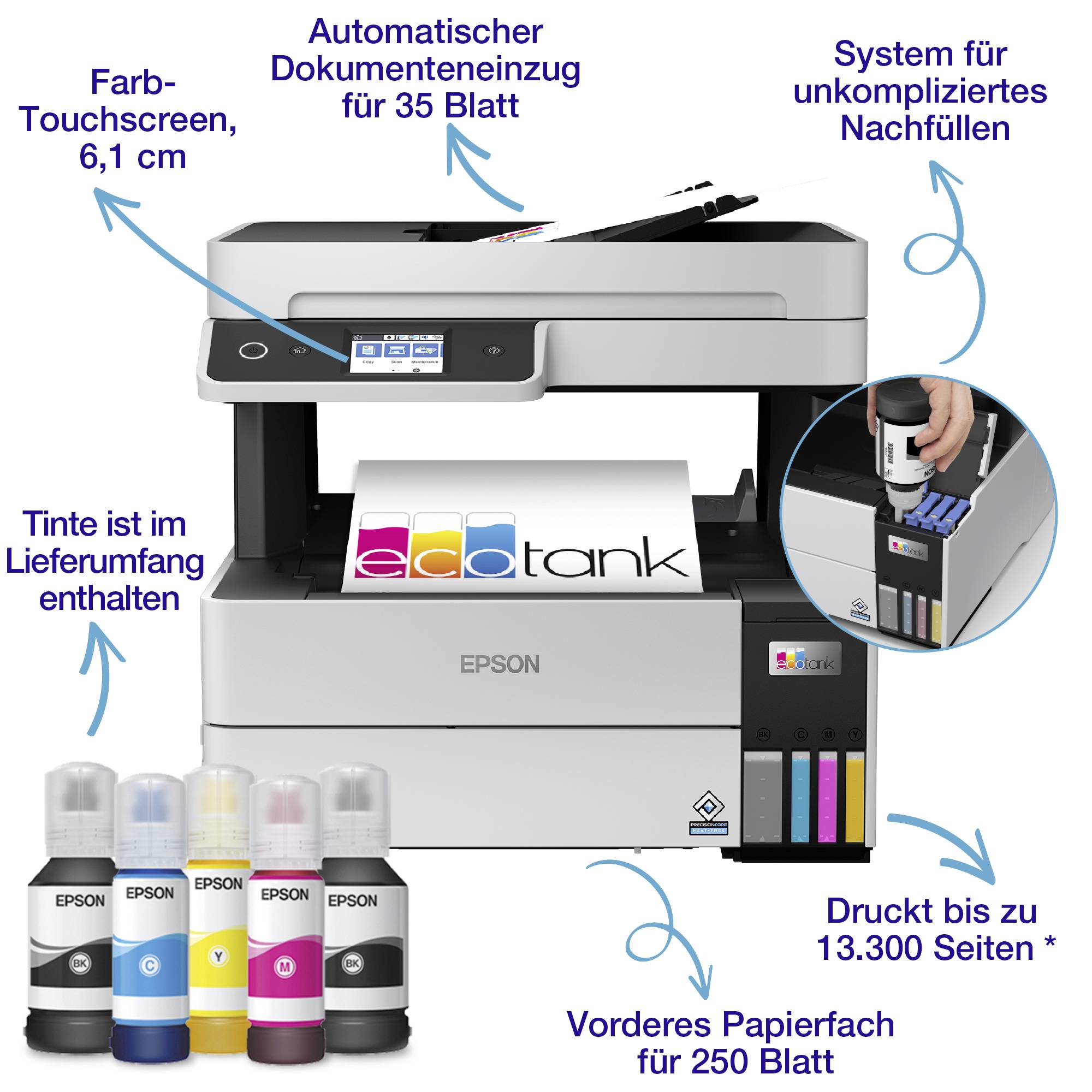 Der Drucker zeigt ein Farb-Touchscreen, automatischen Dokumenteneinzug, großes Papiervolumen und EcoTank-System für kostengünstiges Drucken.