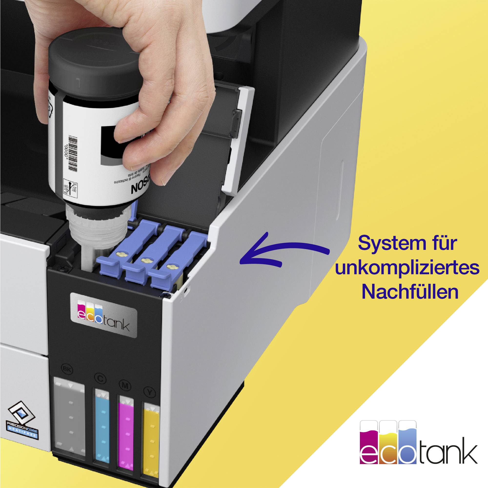 Person füllt Tinte in einen Drucker nach. Der Drucker zeigt farbcodierte Tintentanks. Text: 'System für unkompliziertes Nachfüllen'.