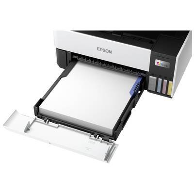 Ein Epson-Drucker mit geöffneter Papierkassette, zeigt Farbtintentanks auf der rechten Seite, bereit zum Drucken.