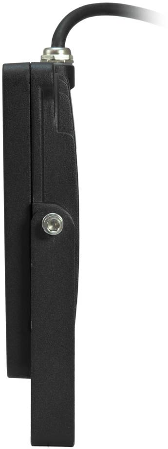 Seitenansicht eines schwarzen, rechteckigen Geräts mit Kabel und Metallbefestigung, möglicherweise ein technisches Modul.