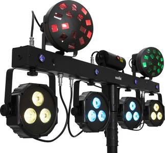 4 LED-Spots samt Strobe-Effekt unten, oben mittig ein Laser, daneben zwei rotierende LED-Mushrooms
