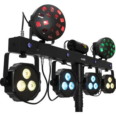 Lichteffektgerät mit mehreren farbigen LED-Scheinwerfern auf einer schwarzen Metalltraverse, geeignet für Bühnenbeleuchtung.