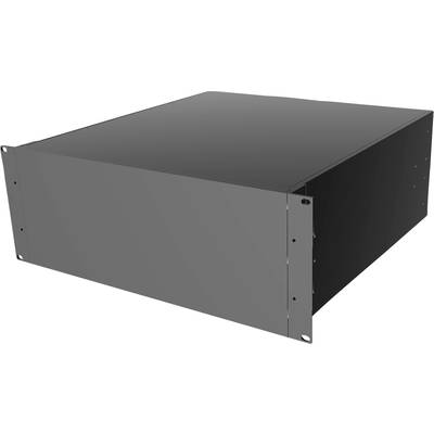 Schwarzes, rechteckiges Elektronikgehäuse im Rack-Mount-Design, seitlich und hinten geschlossen.
