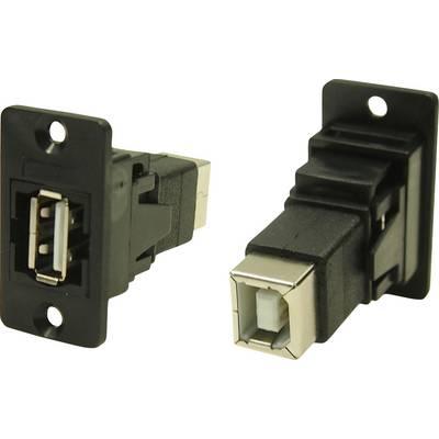 Zwei USB-Buchsen in schwarzem Gehäuse, eine frontal und eine seitlich sichtbar. Geeignet zum Einbau in elektronische Geräte.