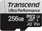 Eine Mikro-SD-Speicherkarte von Transcend mit der Aufschrift 'Ultra Performance', Kapazität 256 GB, Geschwindigkeitsklasse A2 V30.