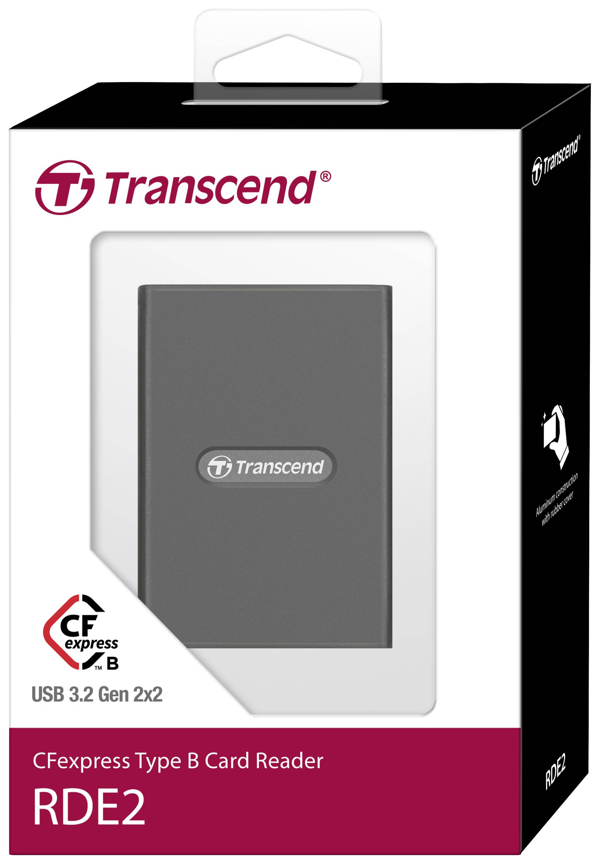 'Transcend CFexpress Type B Kartenleser RDE2' in weißer Verpackung, zeigt Vorderansicht des Produkts mit USB 3.2 Gen 2x2 Kompatibilität.