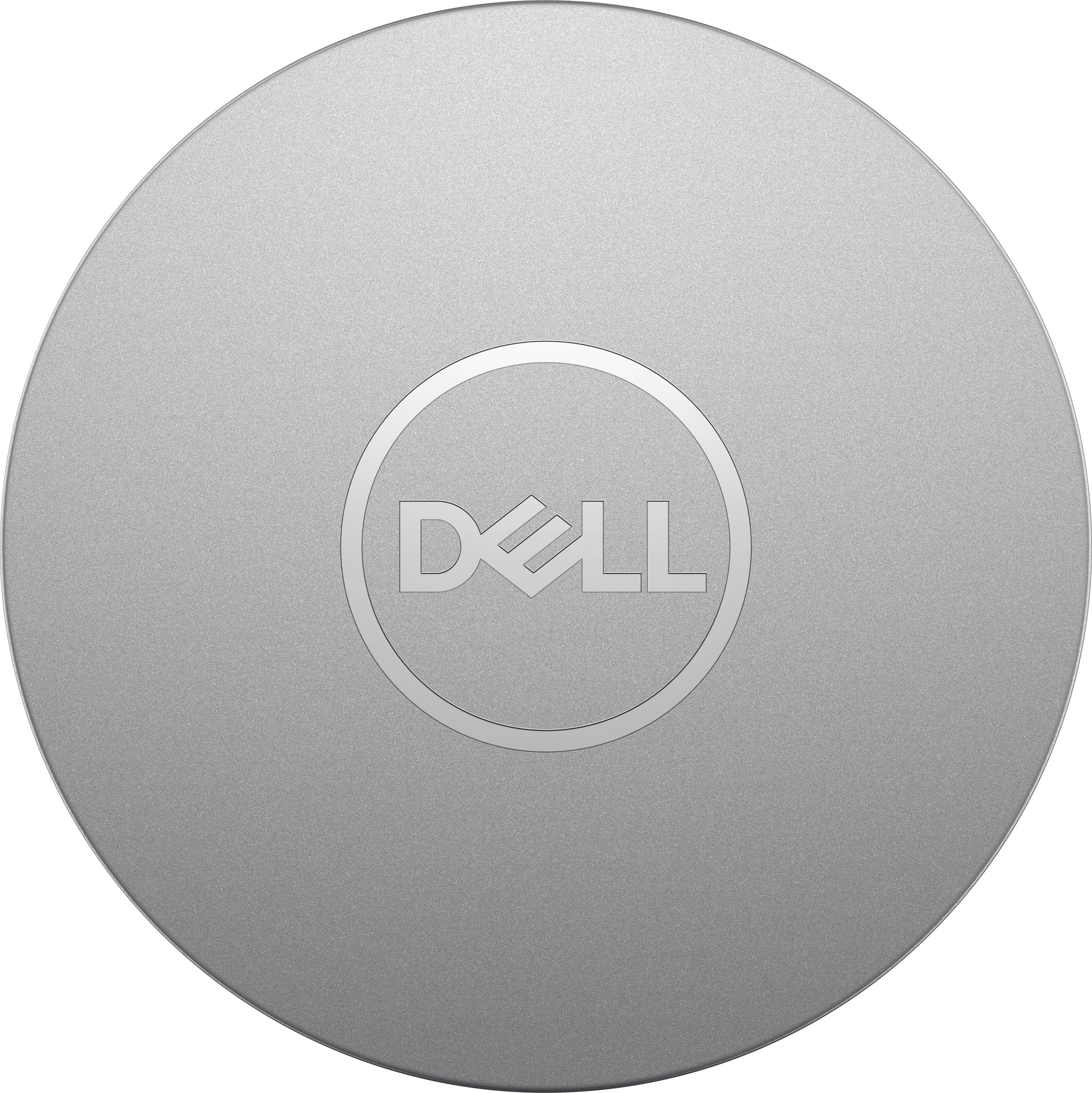 Rundes silbernes Gerät mit 'Dell'-Logo in der Mitte.