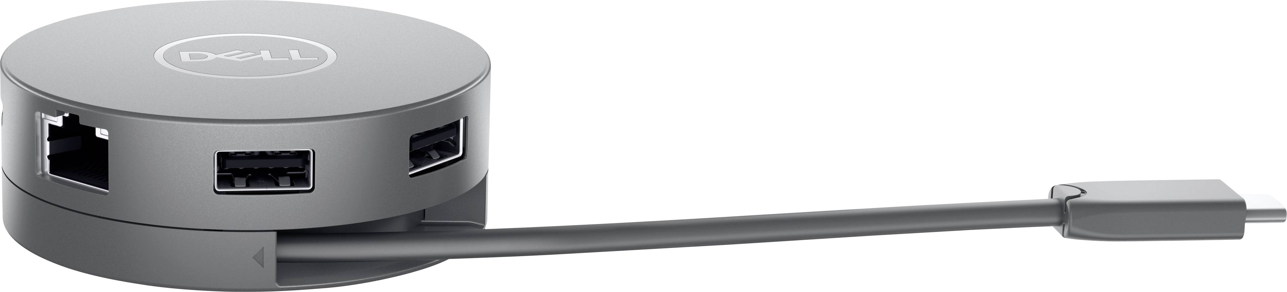 Ein grauer Dell-Adapter mit Anschlüssen für Ethernet und USB-A, verbunden mit einem kurzen Kabel.