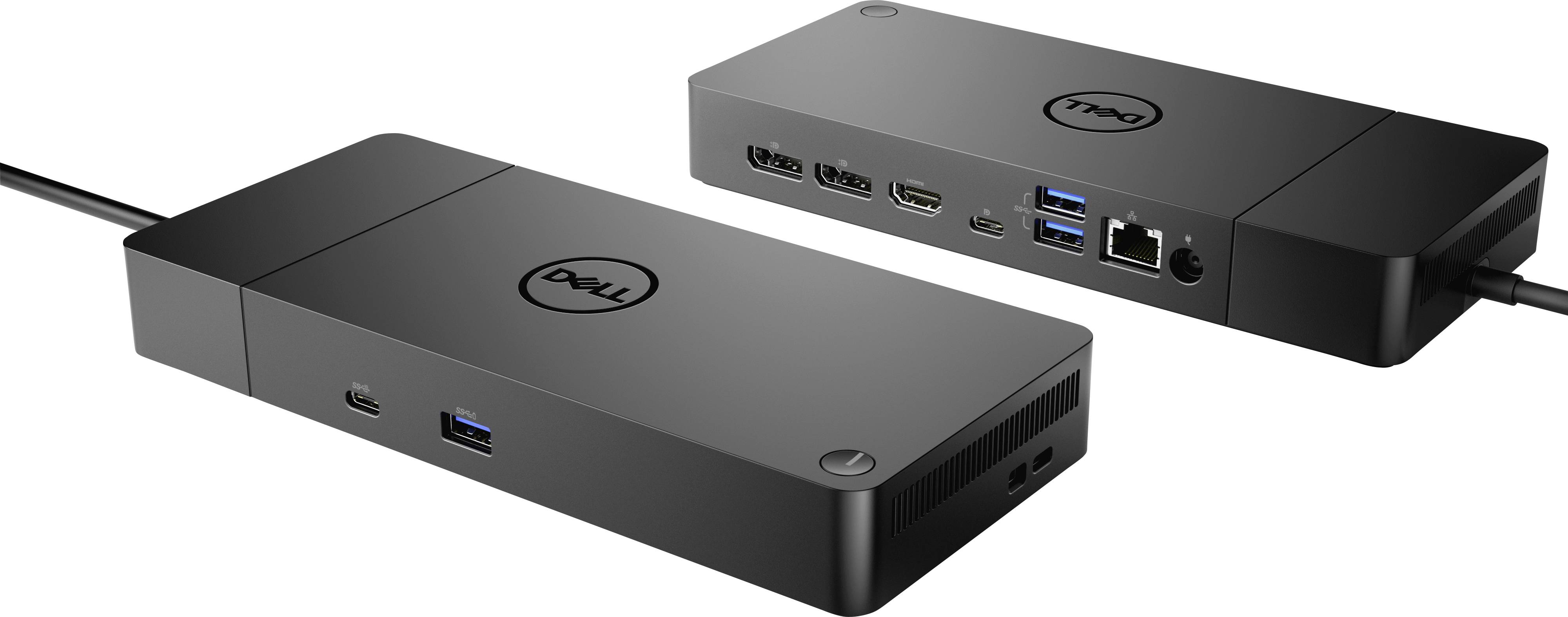 Eine schwarze Dell-Dockingstation mit mehreren Anschlüssen, einschließlich USB und HDMI, auf zwei Seitenansichten gezeigt.