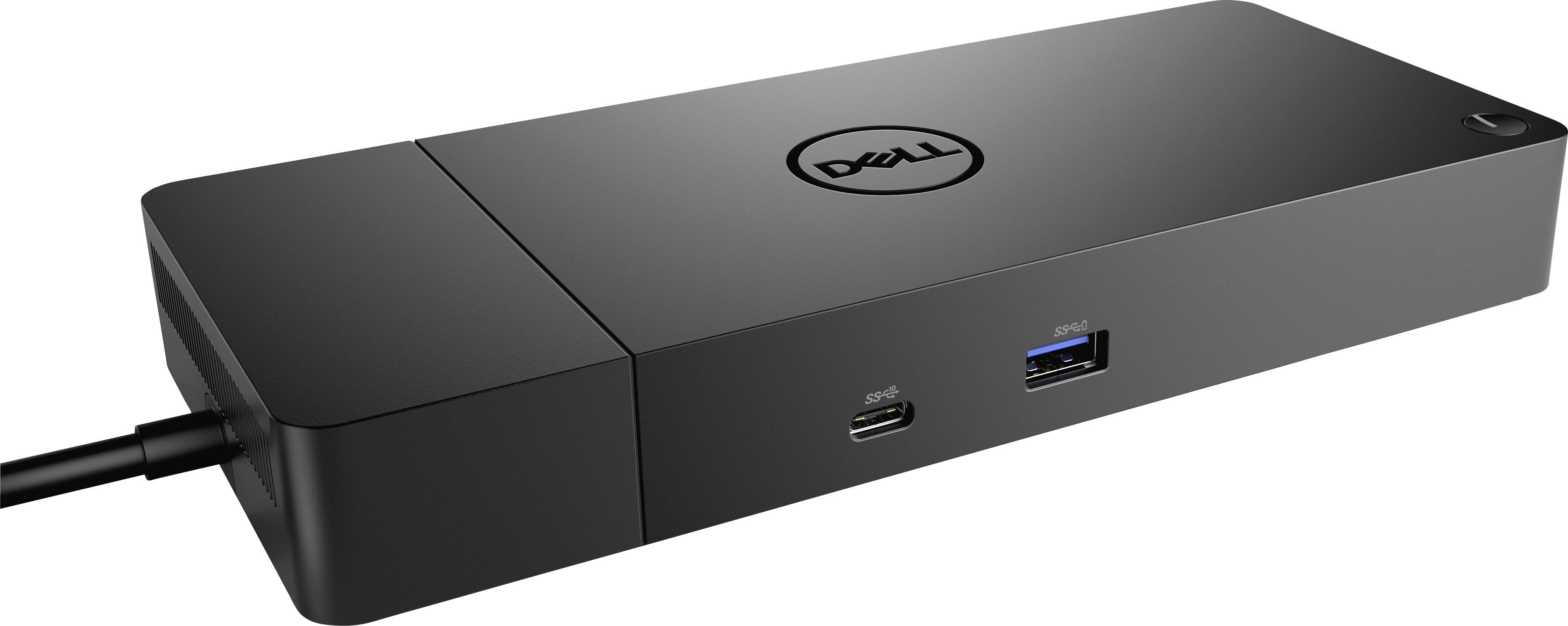Eine schwarze Dell-Dockingstation mit einem USB-C-Anschluss und einem USB-A-Anschluss an der Vorderseite.