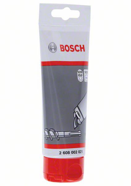 Eine Tube mit der Aufschrift 'Bosch', vermutlich Schmiermittel für Bohrer, mit rotem Deckel und grauem Etikett, Produktnummer.