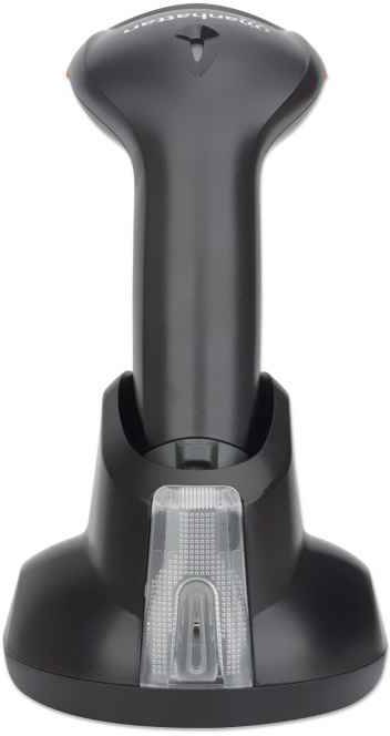 Ein schwarzer Handscanner auf einer Ladestation, vertikal ausgerichtet. Geeignet für Barcode-Scans in Einzelhandel oder Lagerhaltung.