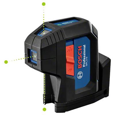 Ein Bosch Professional Lasernivelliergerät mit roten und grünen Tasten für den Betrieb, das zur präzisen Ausrichtung von Objekten verwendet wird und Laserstrahl-Projektionen zeigt.