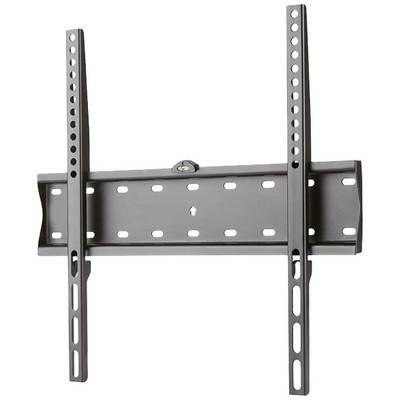 Flacher schwarzer TV-Wandhalter mit vertikalen Schienen und zahlreichen Befestigungslöchern, geeignet für mittelgroße Flachbildfernseher.